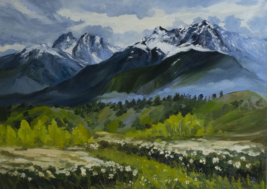 Rhododendrons in Bloom. View of Ushba from Tetnuldi, oil on canvas, 100 × 70 cm, 2025